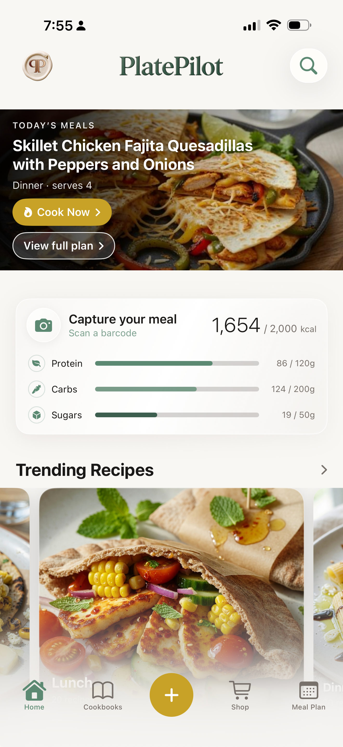 PlatePilot Home: Today’s Meals featuring skillet chicken fajita quesadillas, Daily Fuel bars, and trending recipes.