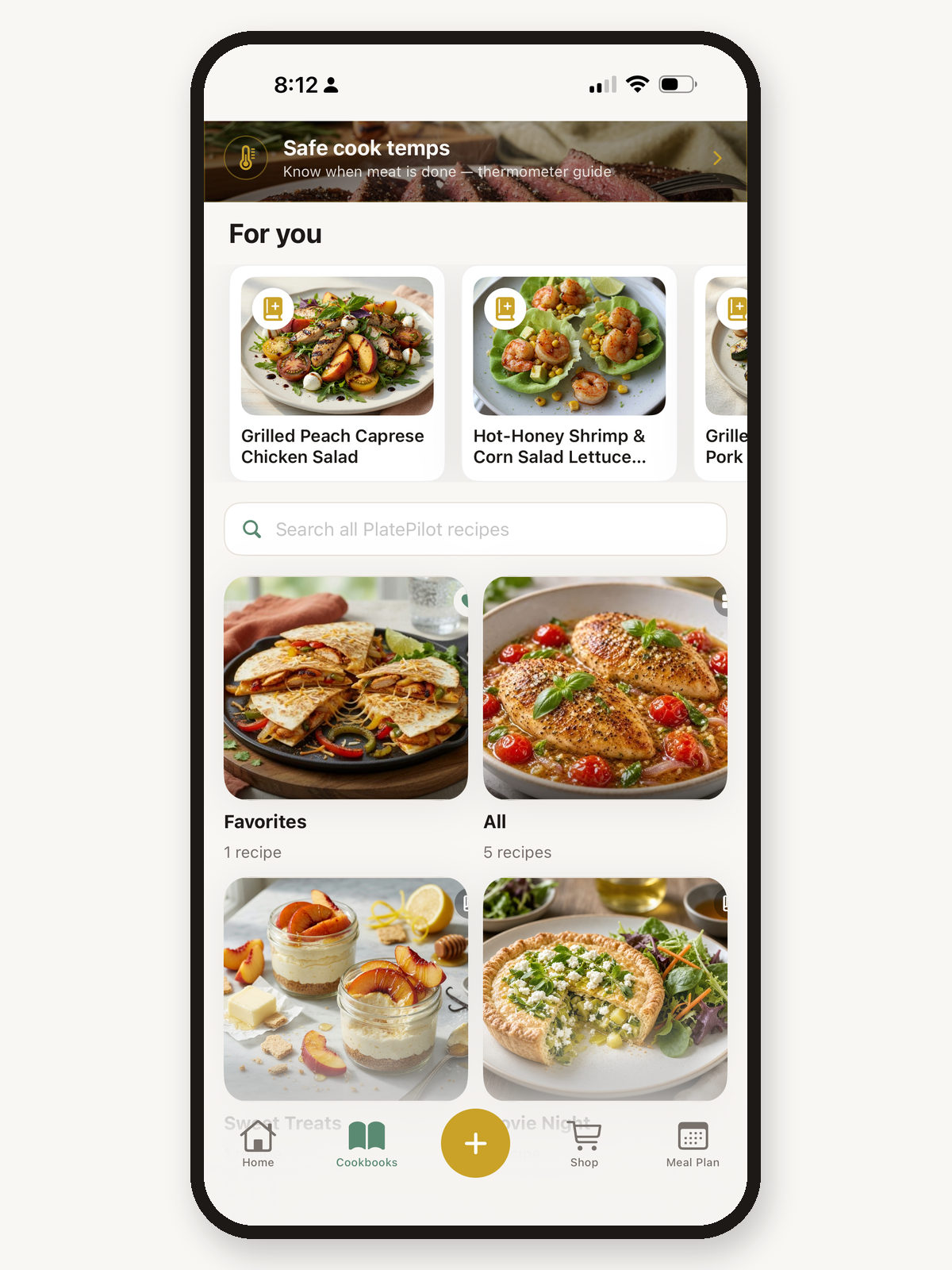 PlatePilot Cookbooks For You shelf with personalized recipe collections.