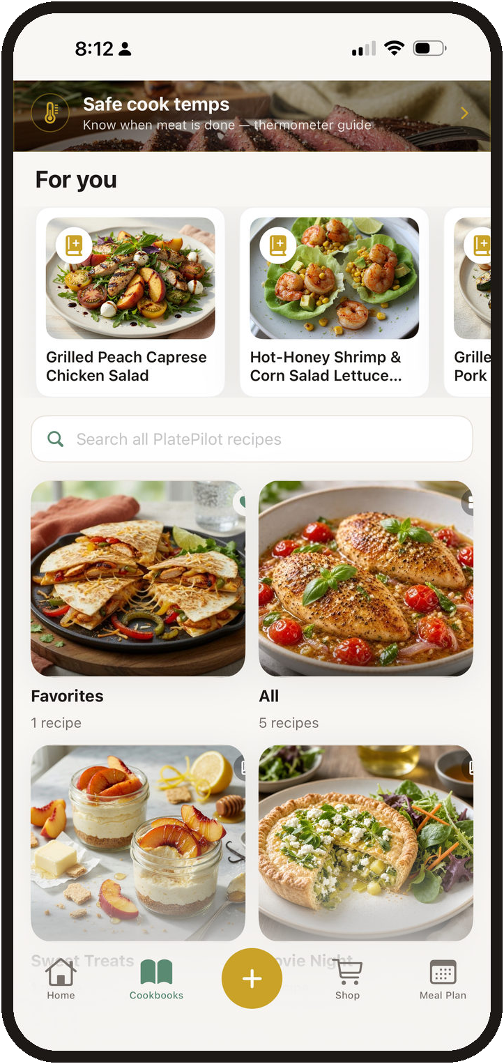 PlatePilot Cookbooks For You shelf with personalized recipe collections.