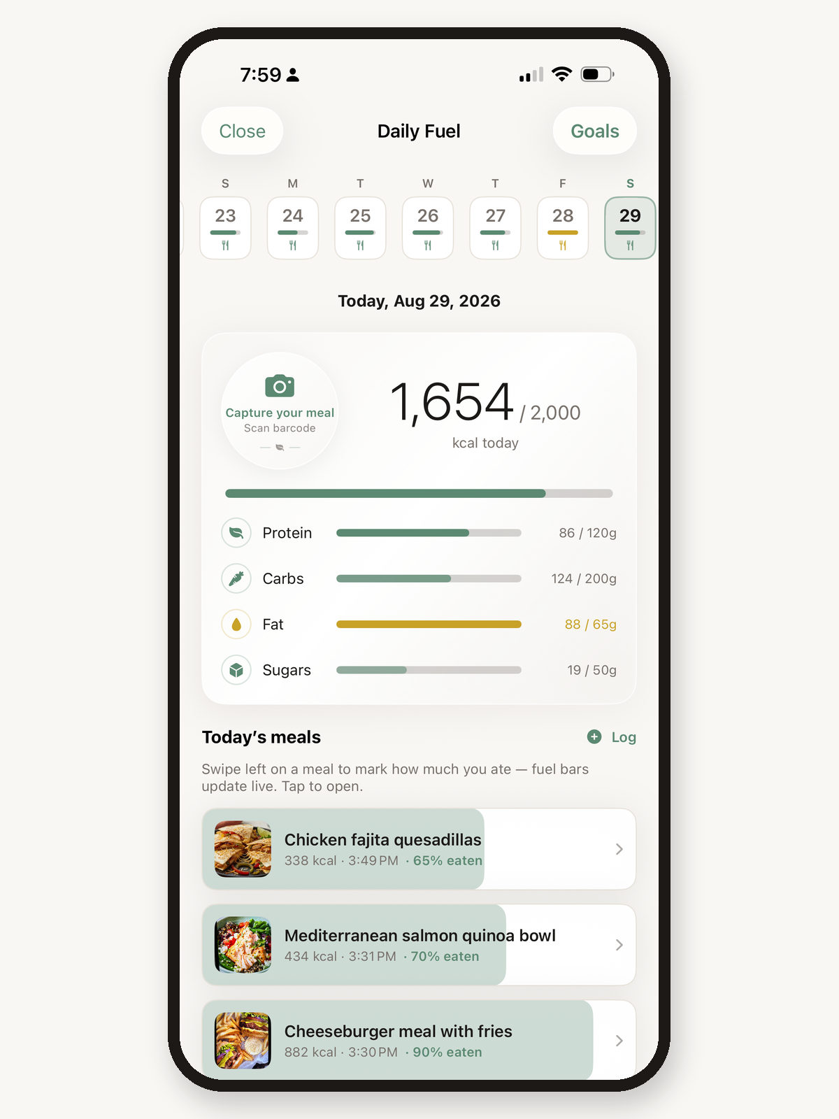 PlatePilot Daily Fuel screen with calorie rings, goals, and logged meals for today.