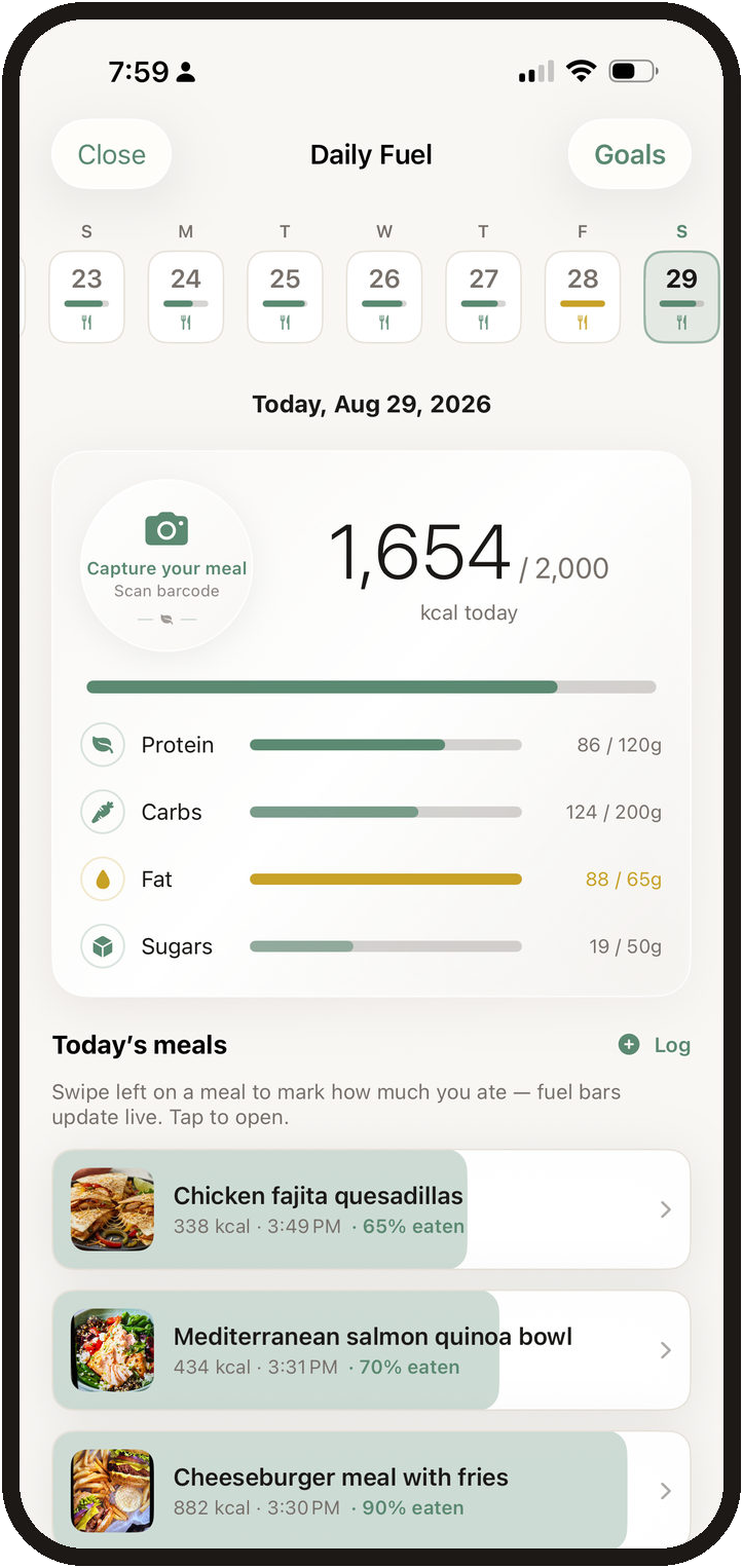 PlatePilot Daily Fuel screen with calorie rings, goals, and logged meals for today.