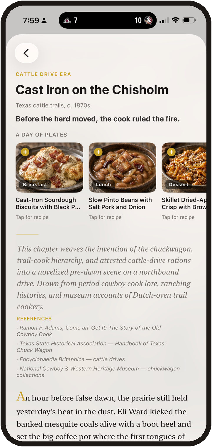 PlatePilot Bite of History chapter with cattle-drive story and historical meal plates.