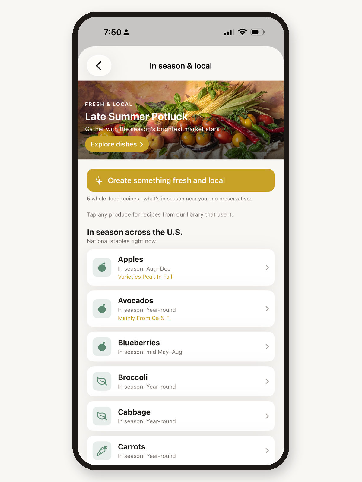 PlatePilot Home showing Food Day and Fresh & Local inspiration with in-season recipe cards.