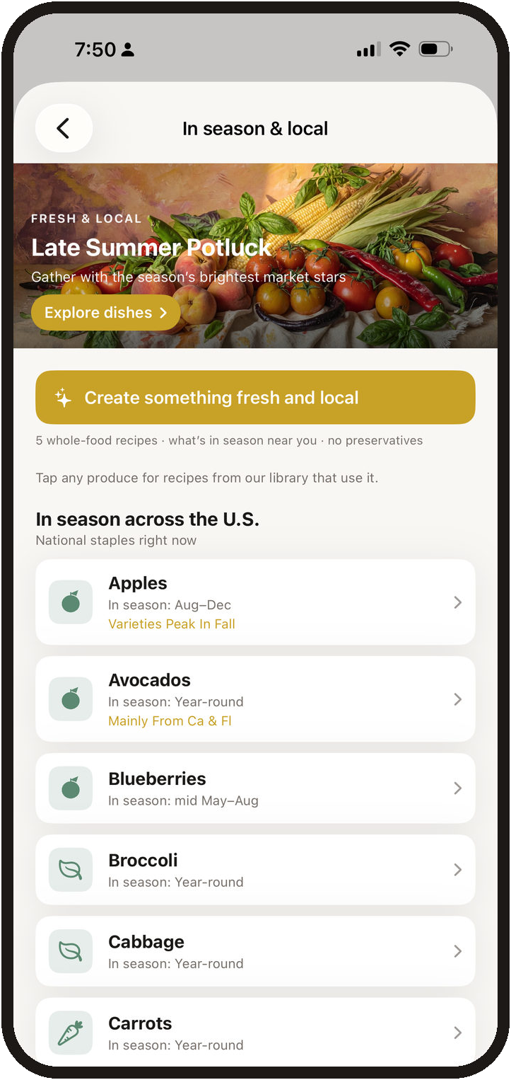 PlatePilot Home showing Food Day and Fresh & Local inspiration with in-season recipe cards.