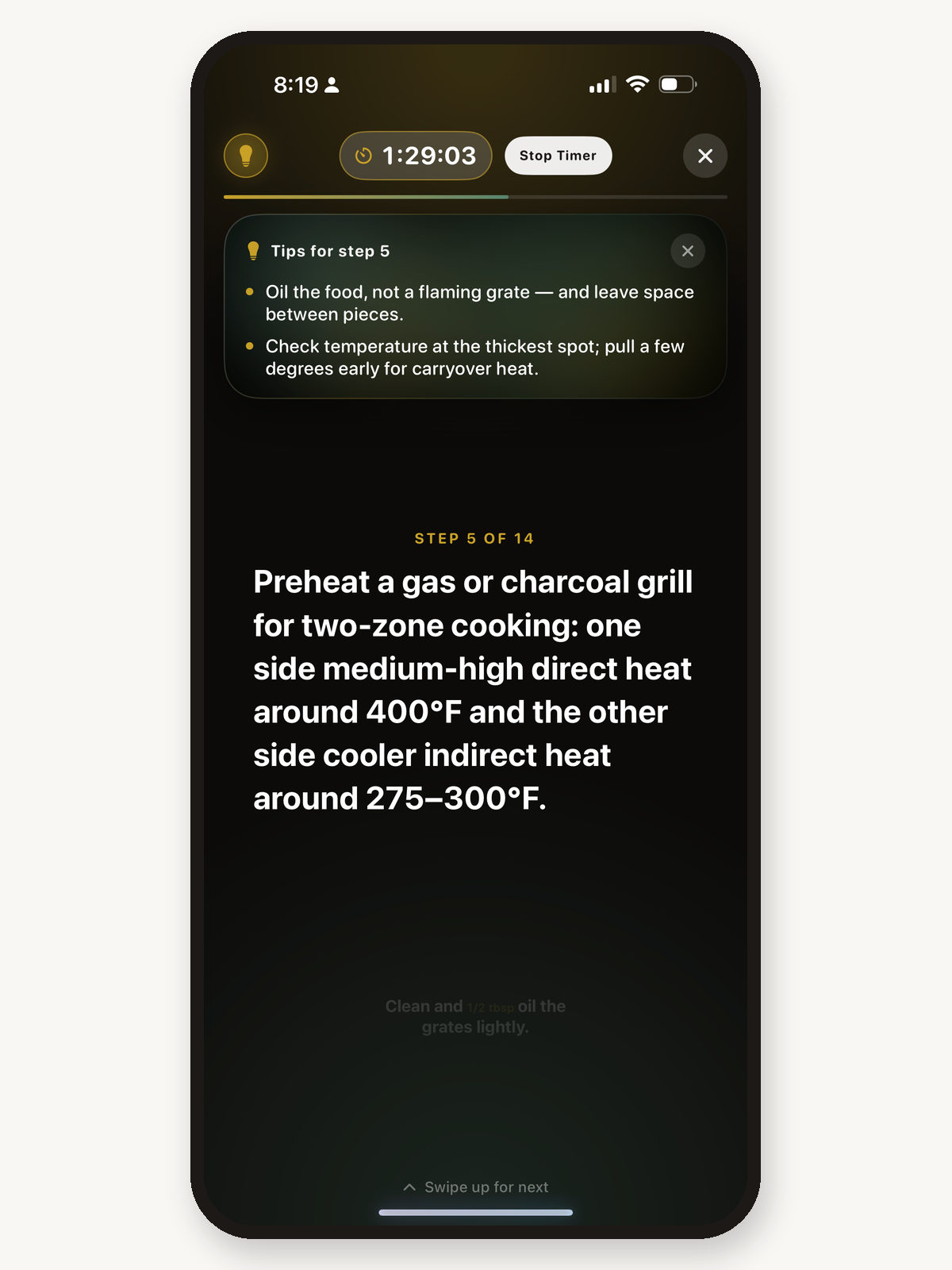 PlatePilot Let’s Cook mode showing a clear cook step for ribs with large type.