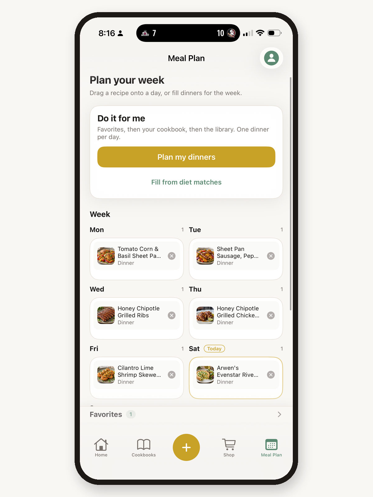 PlatePilot meal plan week grid with breakfast, lunch, and dinner slots filled.