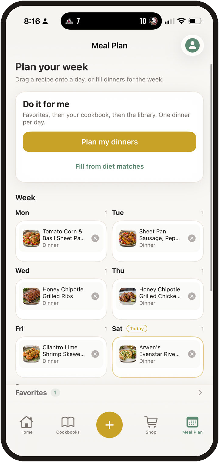 PlatePilot meal plan week grid with breakfast, lunch, and dinner slots filled.