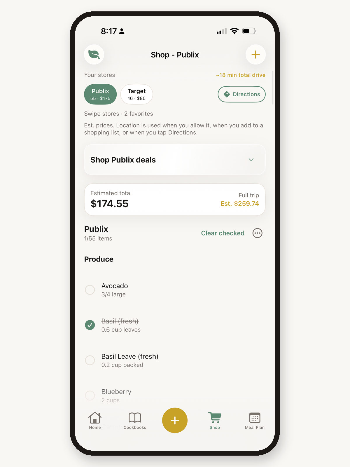 PlatePilot Shop list with real store aisles and checked-off grocery items.