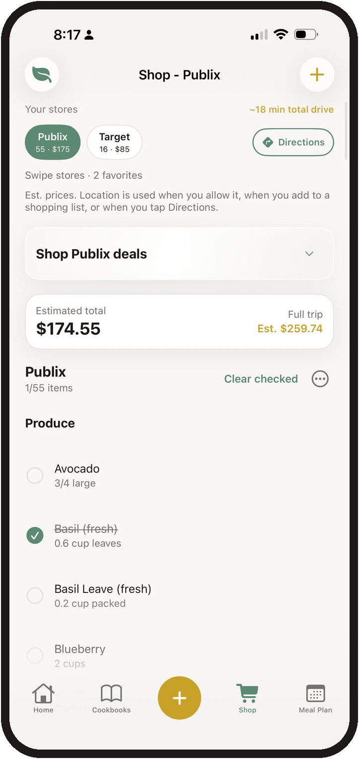 PlatePilot Shop list with real store aisles and checked-off grocery items.